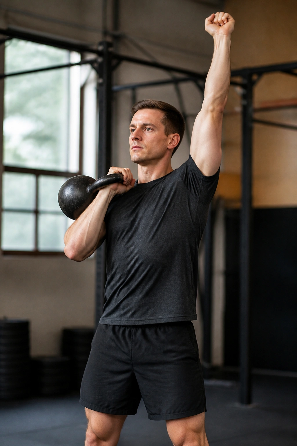 Close-up of a person performing a kettlebell clean and press in a gym.