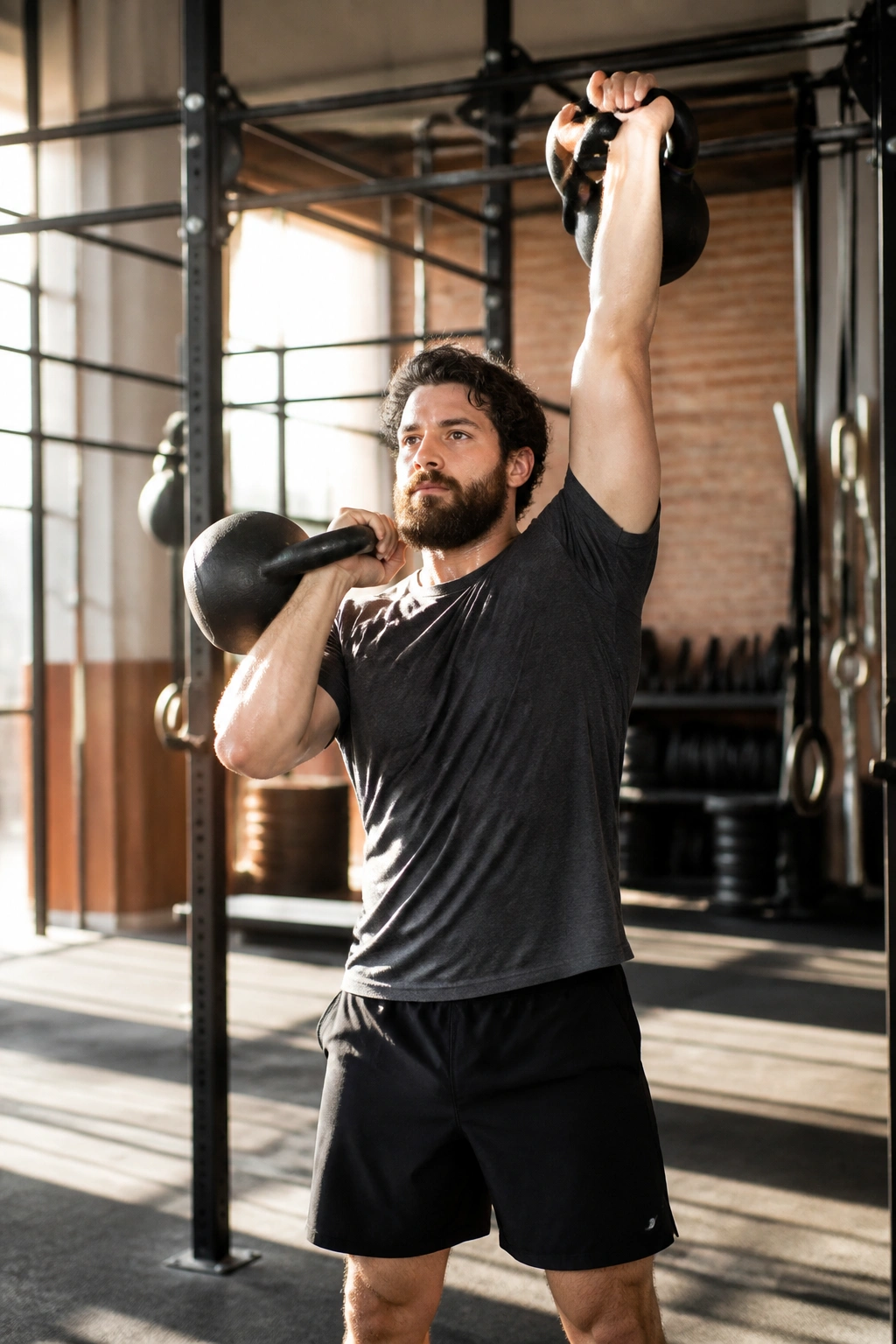 Athlete performing kettlebell clean-to-press in a gym setting