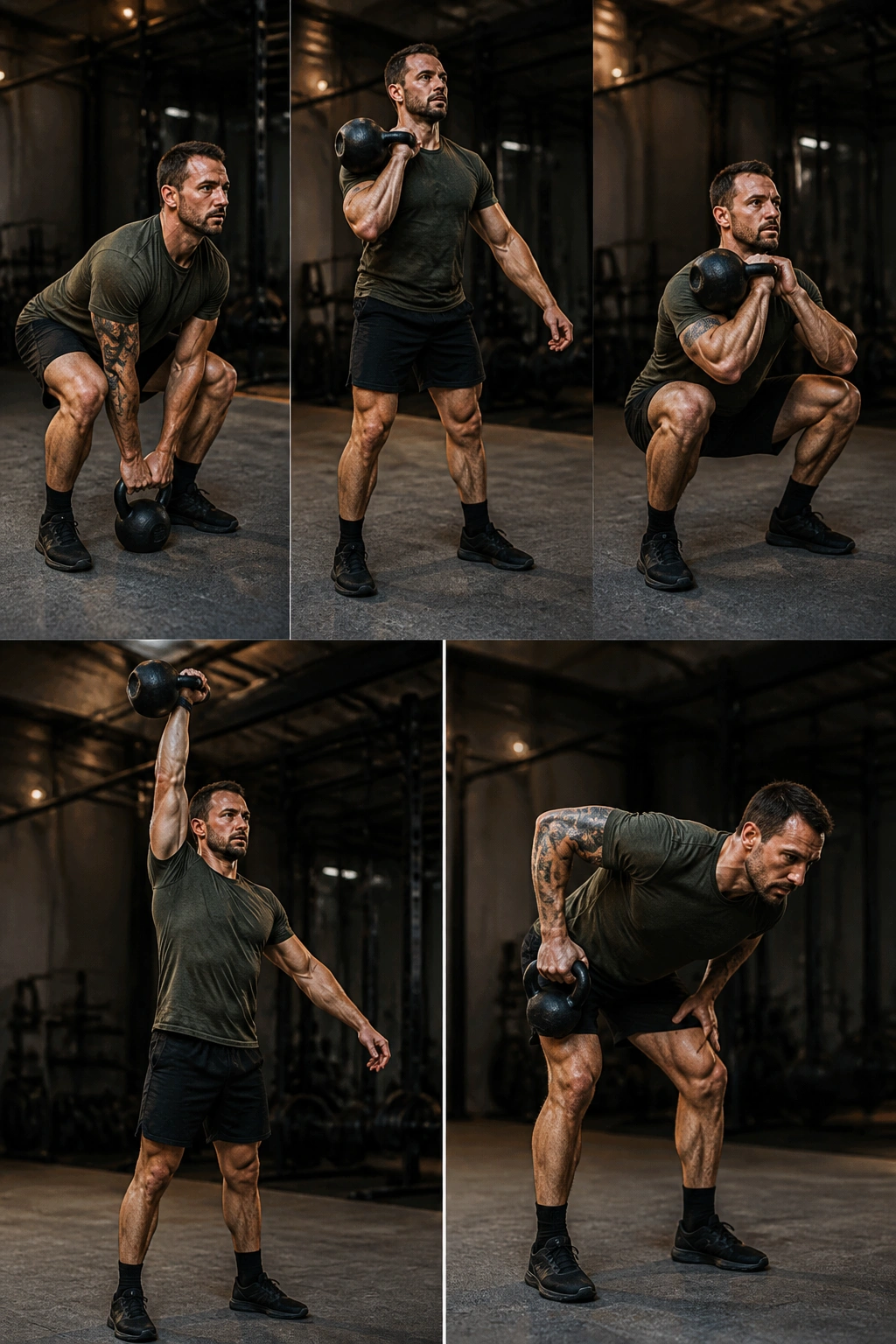 Kettlebell athlete performing a fluid sequence representing the five-move complex