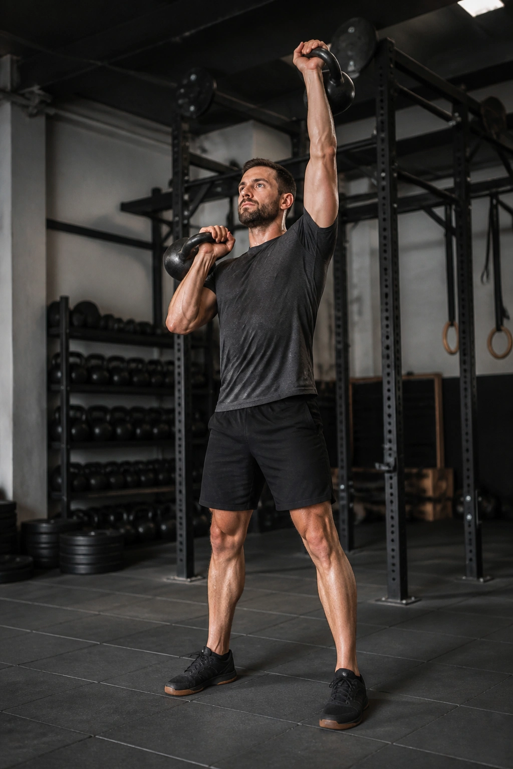 Diagonal front view of a person performing a kettlebell clean to press in a gym.