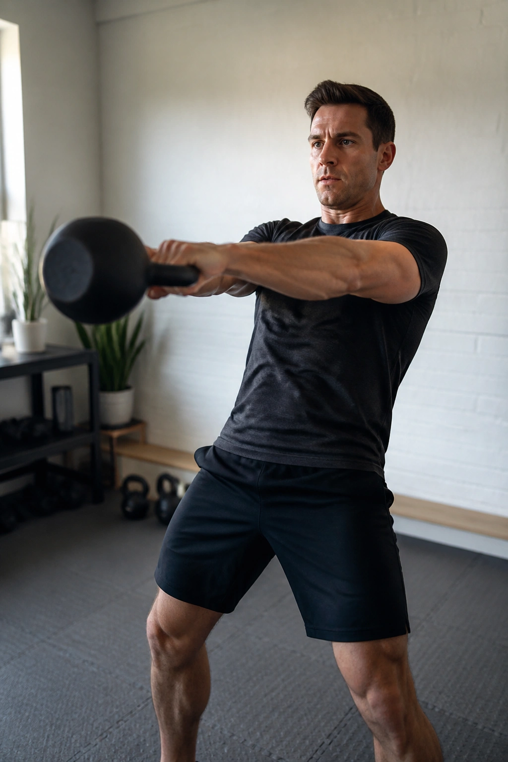 Close-up of a person performing a kettlebell swing in a home gym