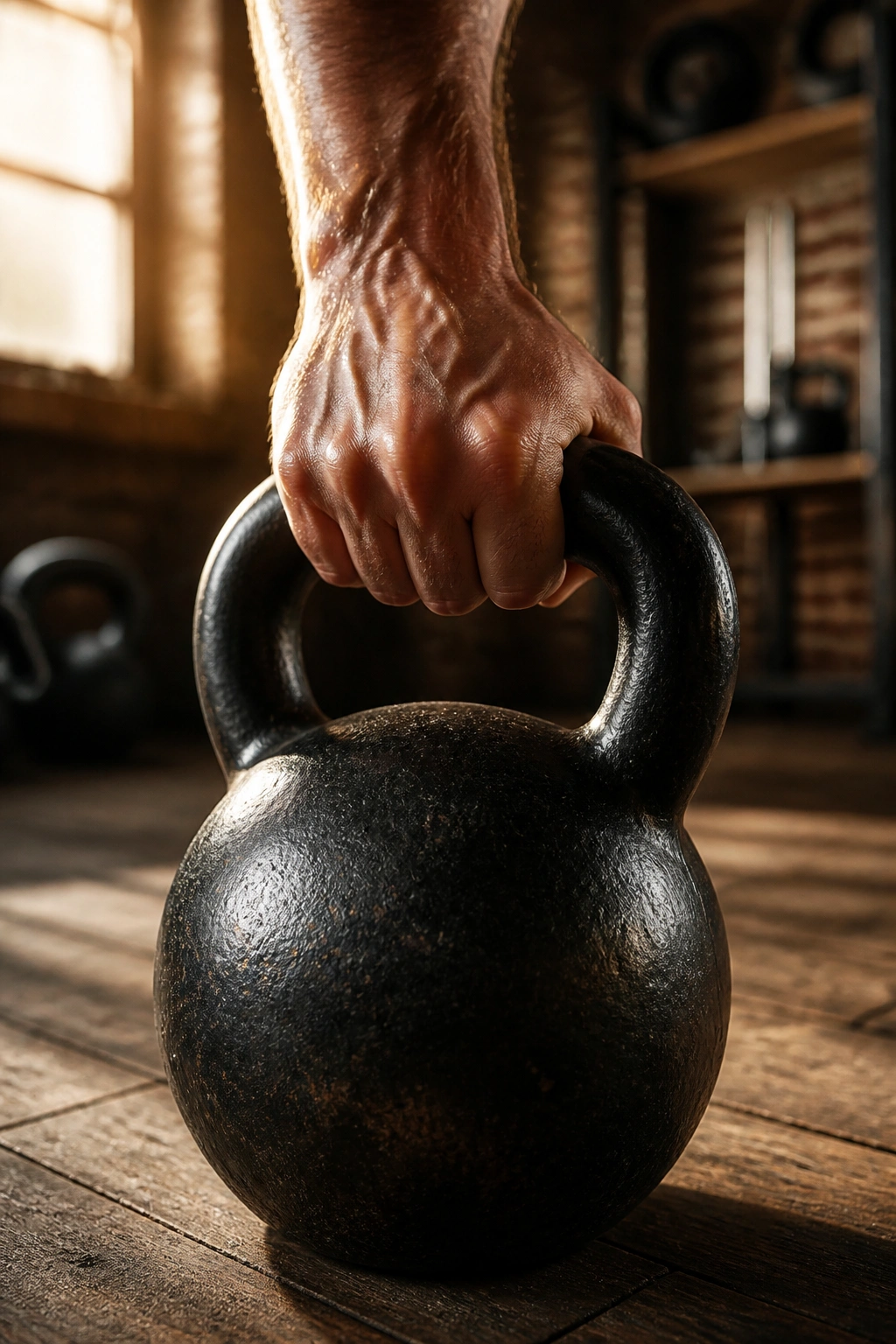 Close-up of a kettlebell held by a forearm in a home gym.