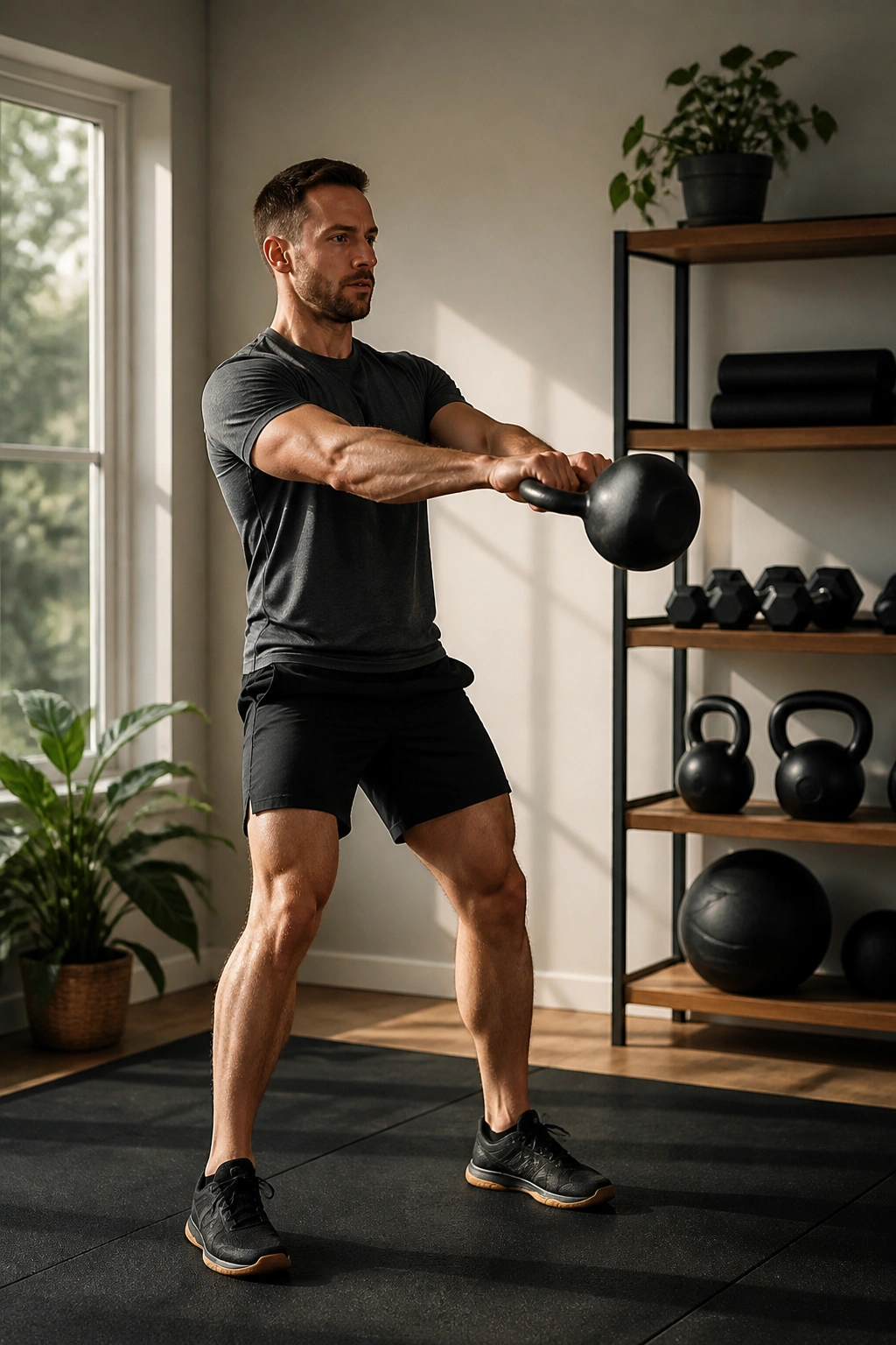 Medium shot of a person performing a kettlebell swing in a home gym.