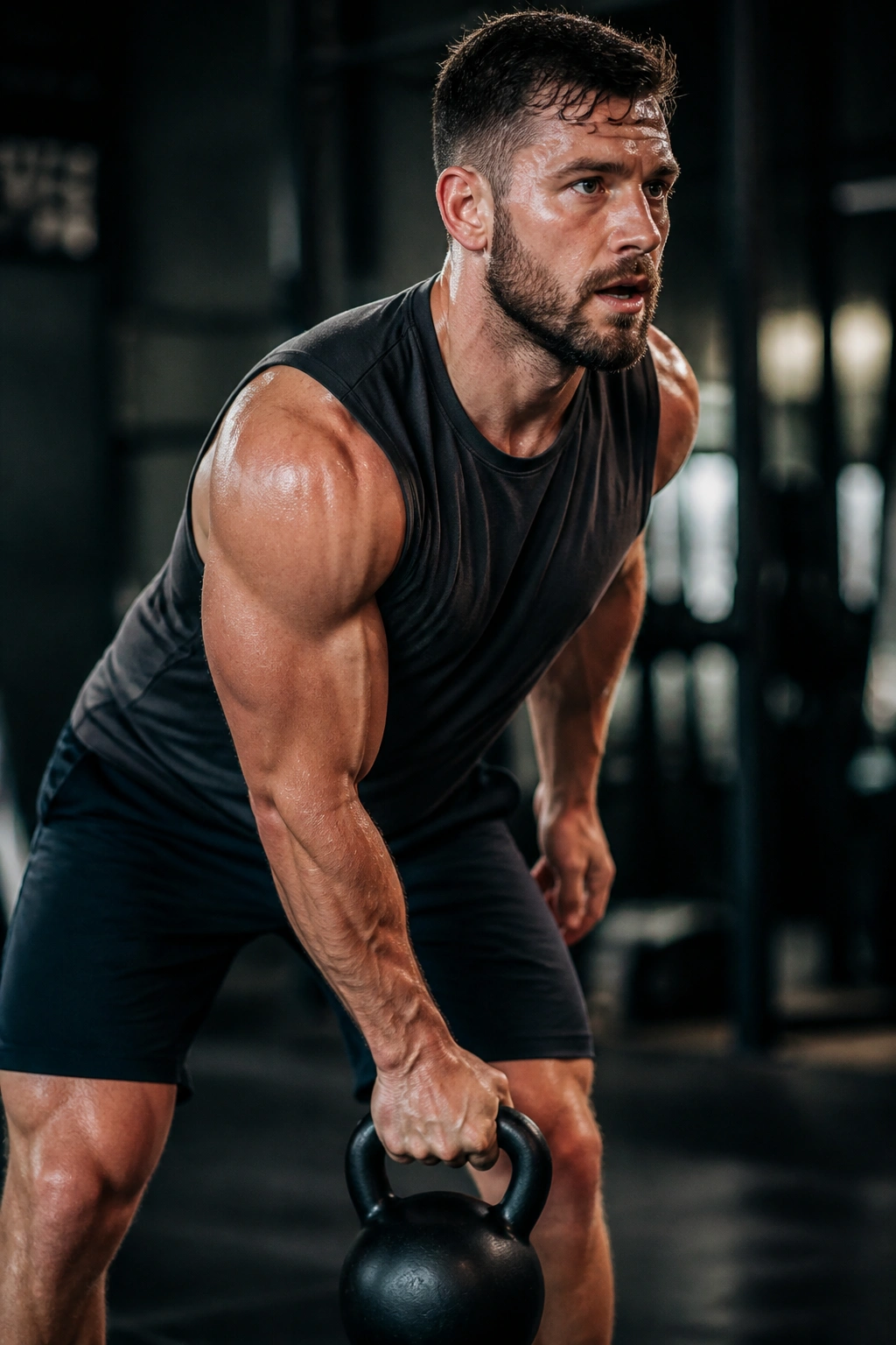Close-up of an athlete with a kettlebell in a continuous complex, gym setting