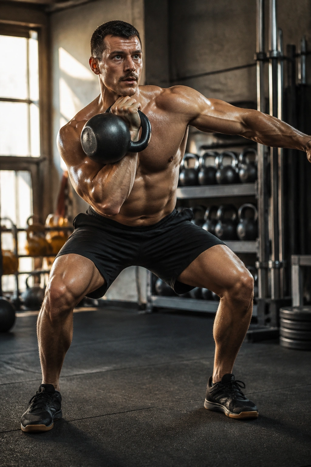Athlete performing kettlebell complex in gym