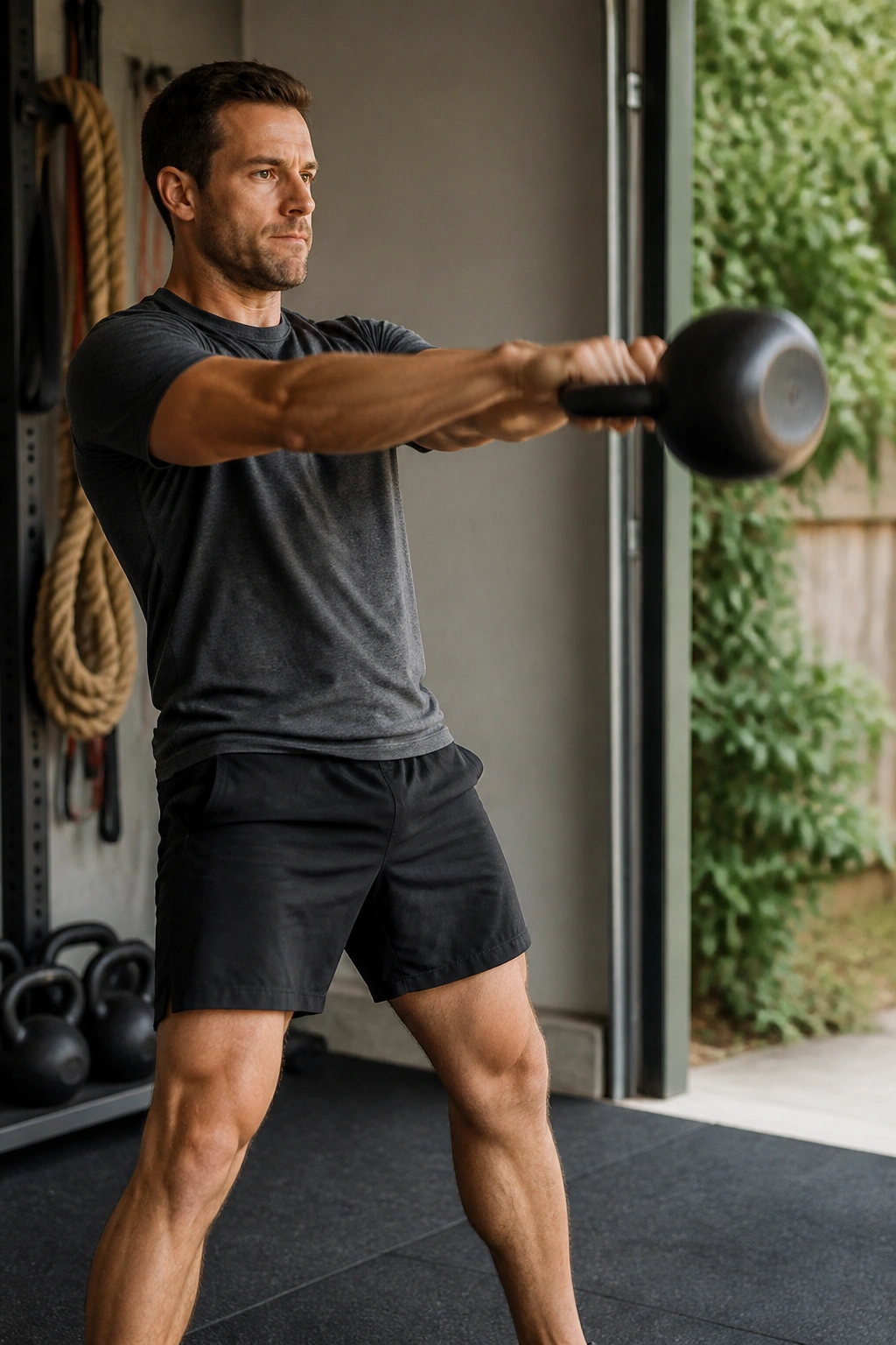 Person performing kettlebell swing in a minimal gym outdoors.
