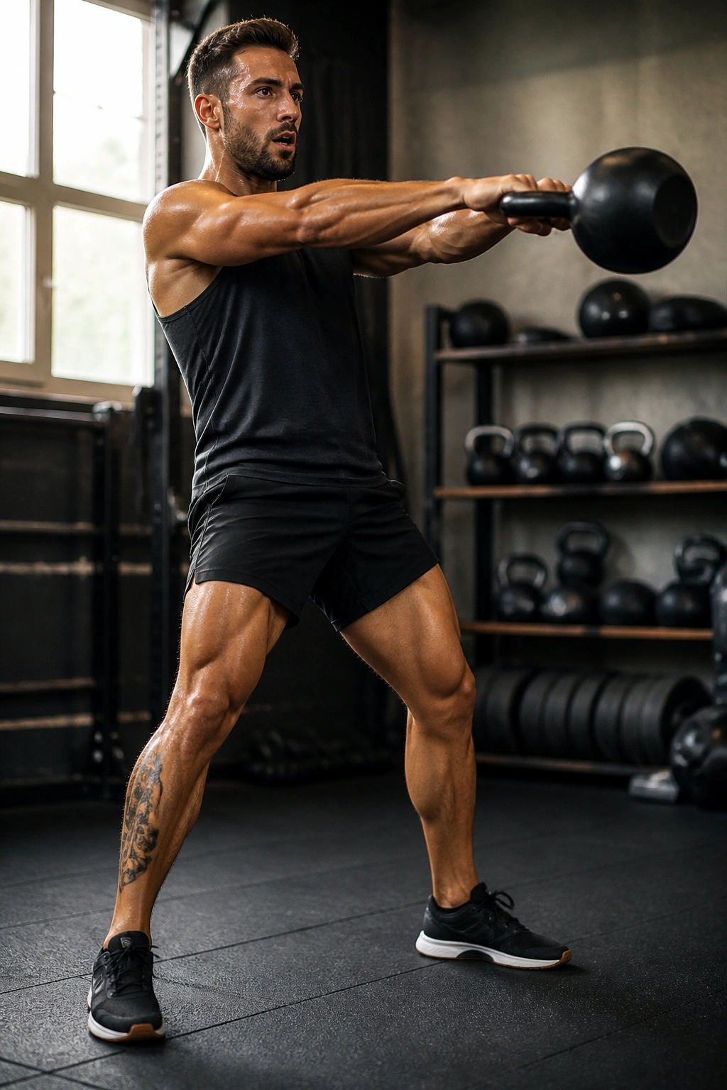 Medium close-up of person performing kettlebell swing for conditioning plan