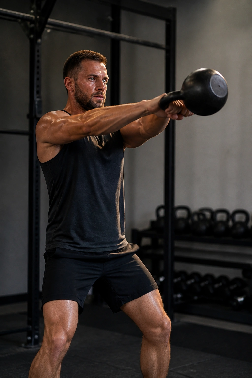 Person performing kettlebell swing in gym.