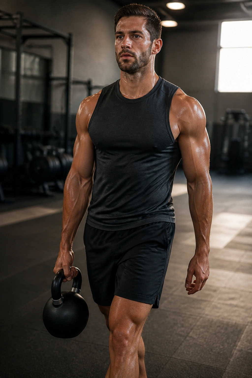 Athlete bracing during a suitcase carry with kettlebell in a gym
