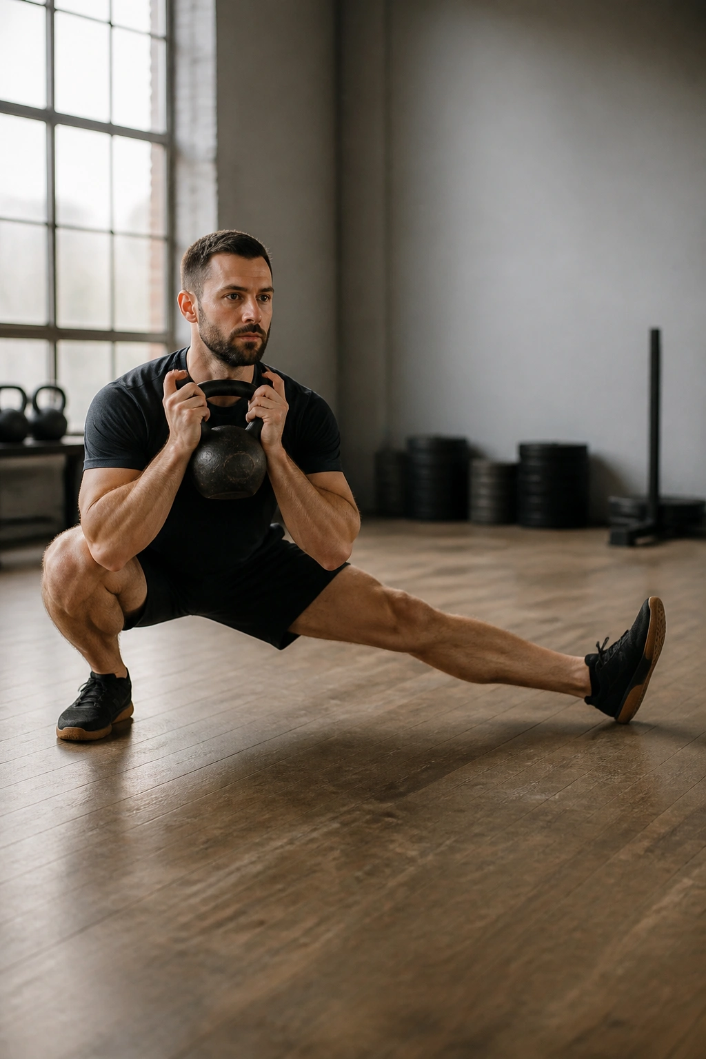 Medium-close shot of a person performing a kettlebell cossack squat