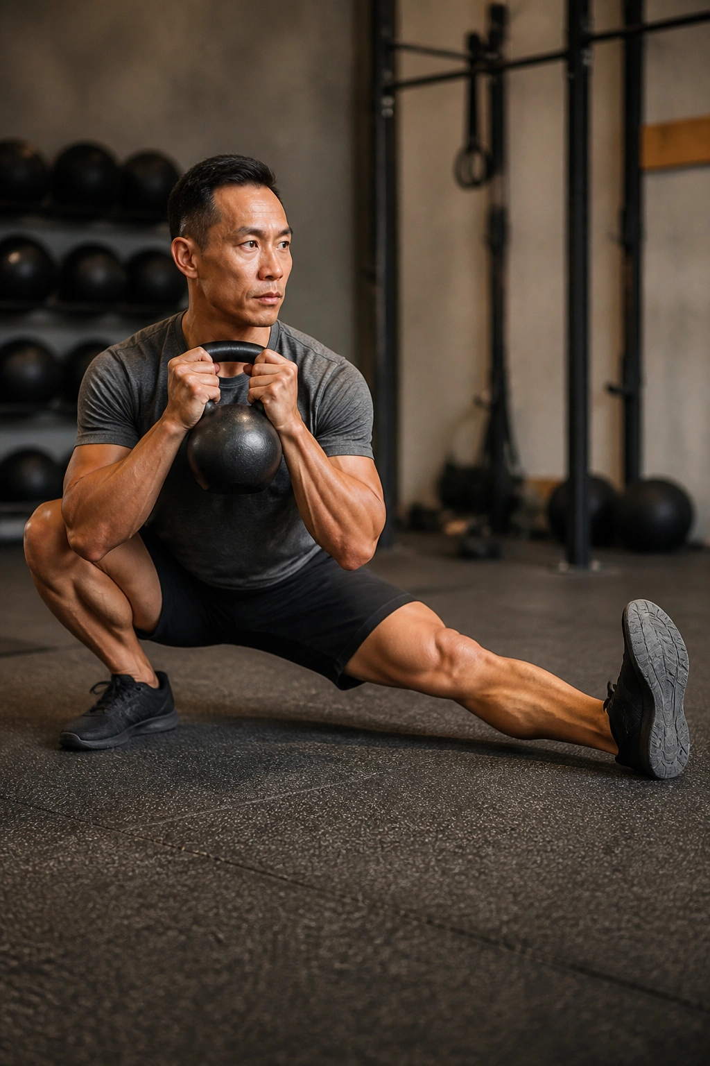 Athlete in deep kettlebell cossack squat in gym