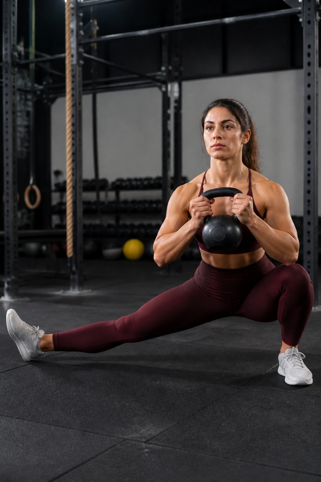 Profile view of athlete in a kettlebell cossack squat showing deep lateral movement