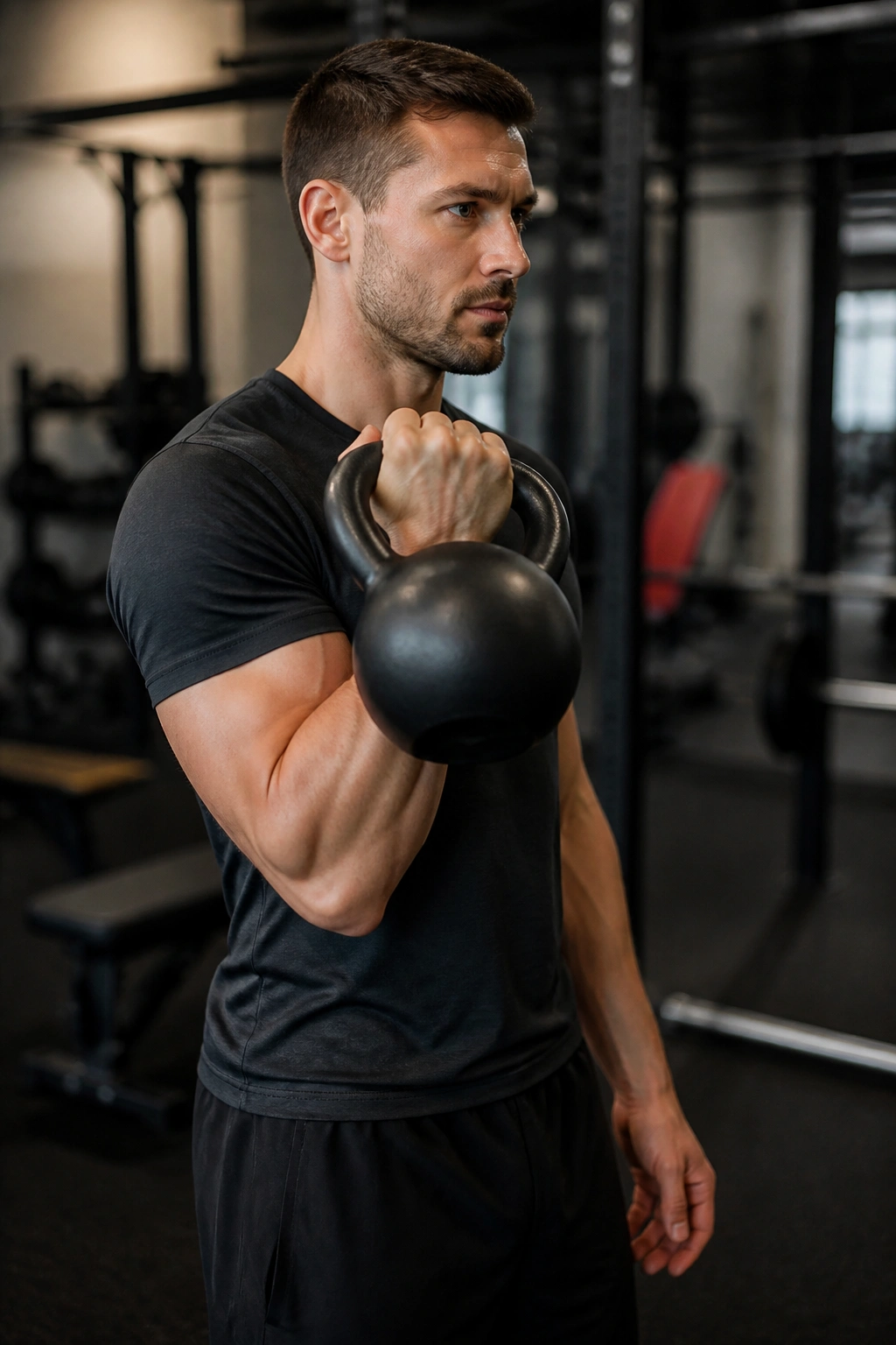 Kettlebell curl showing elbow tucked to ribs during biceps exercise.