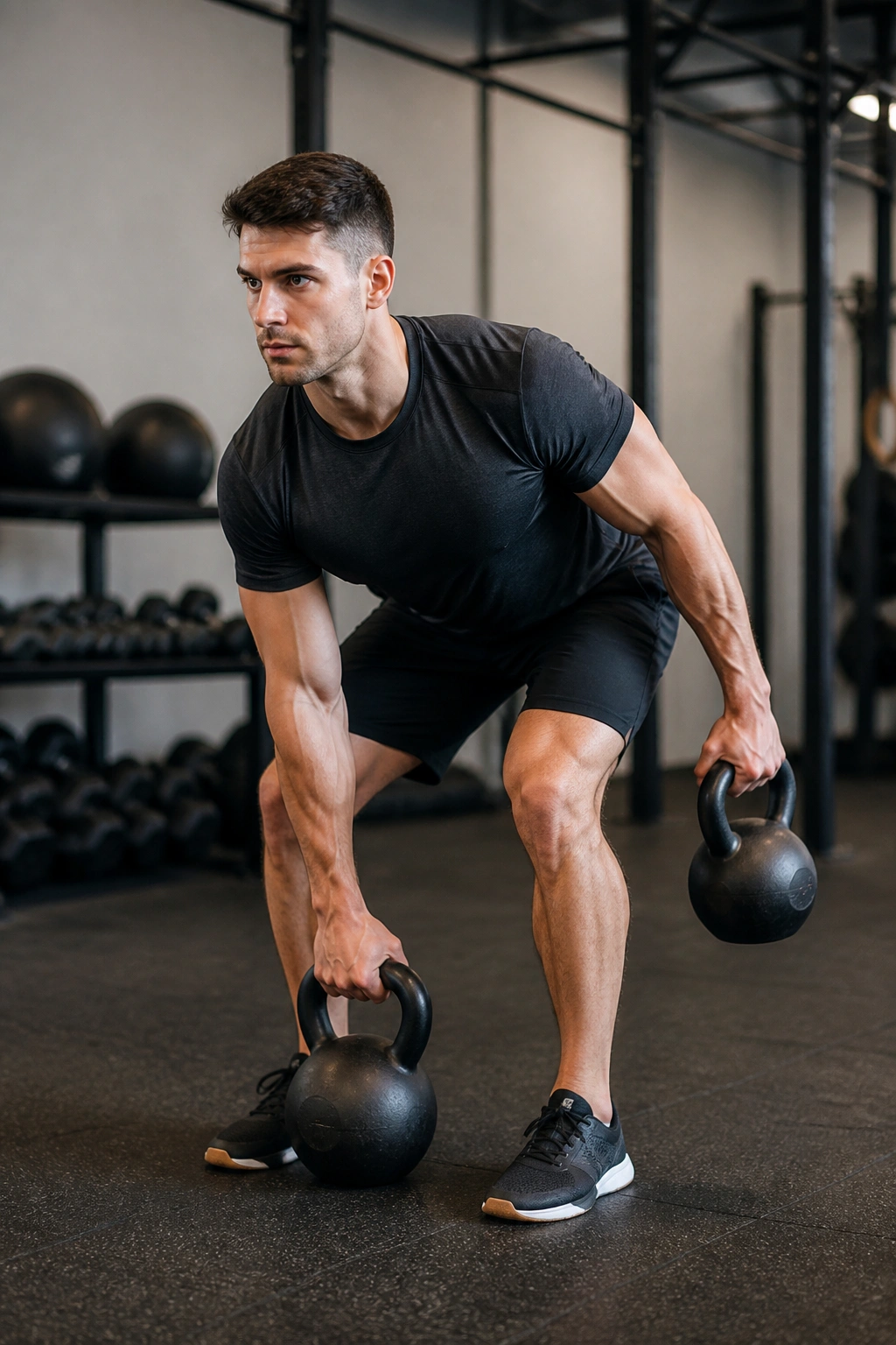 Real person performing kettlebell deadlift with a carry kettlebell in the gym