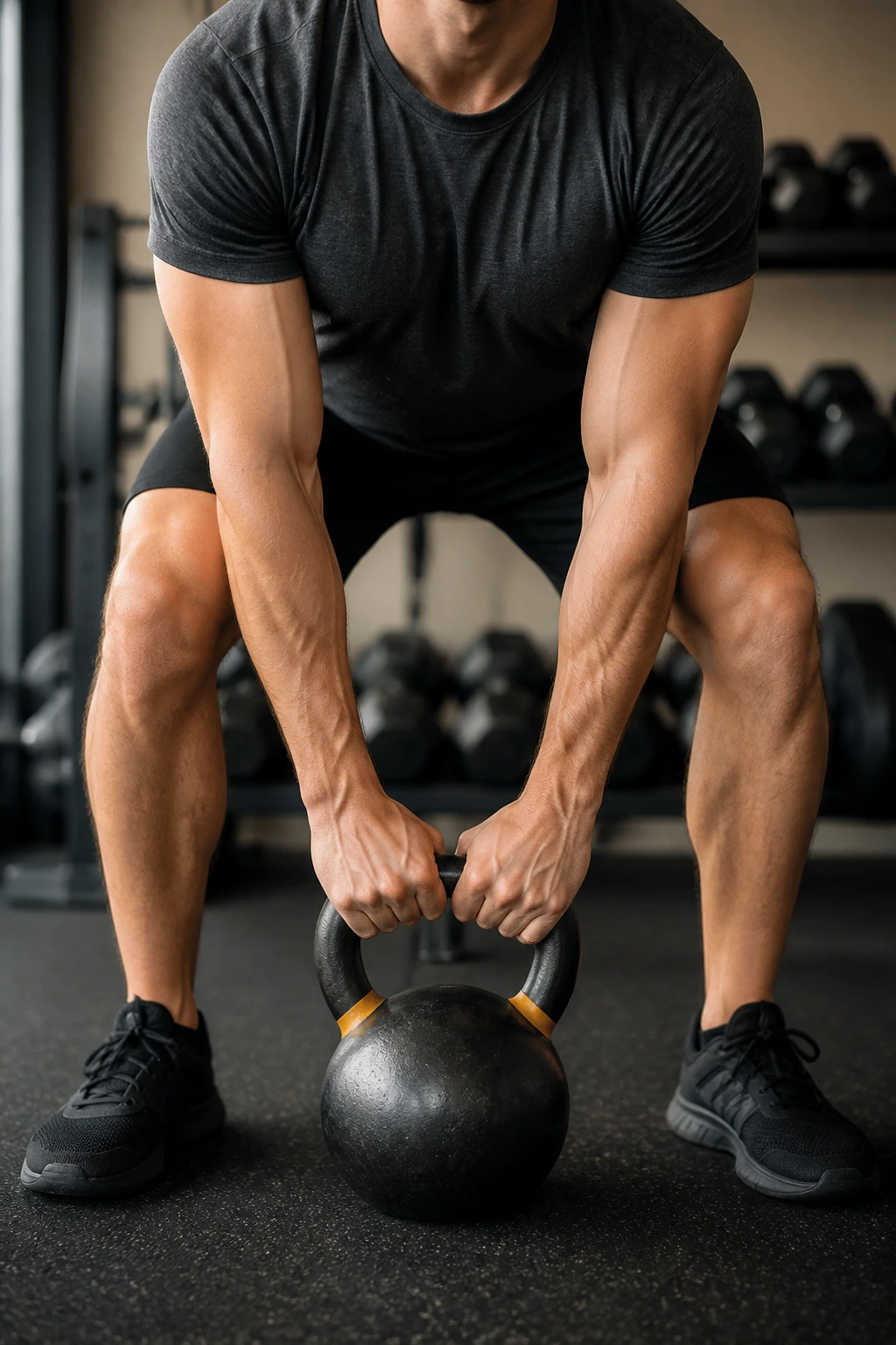 Close-up of lifter torso and kettlebell during a kettlebell deadlift in a gym