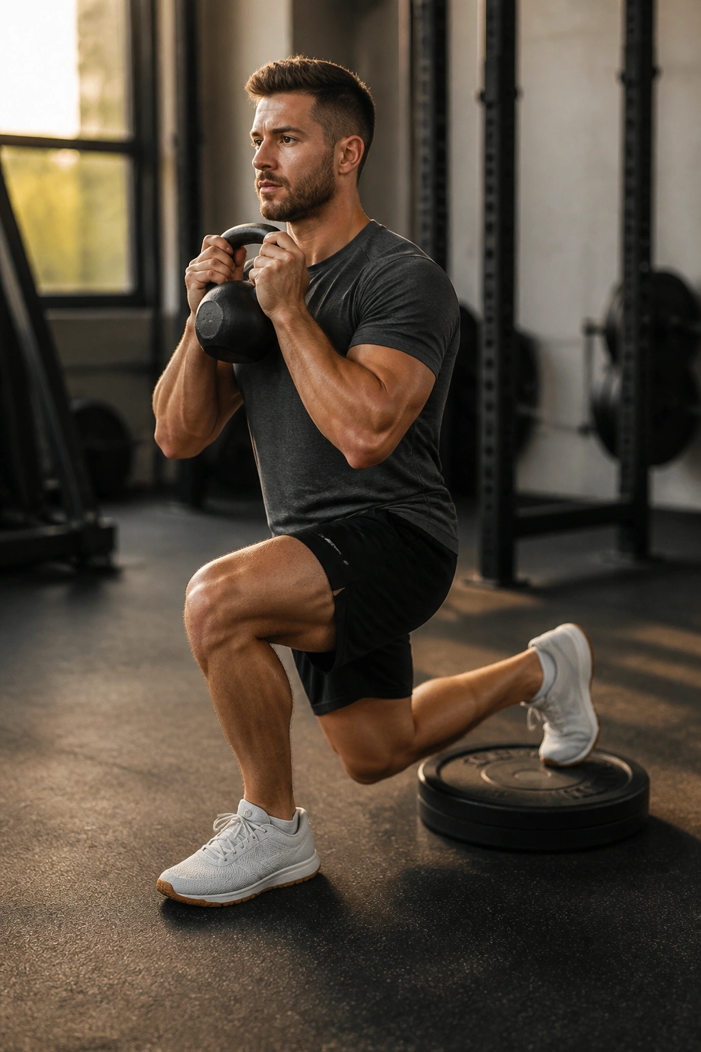 Medium-close shot of a person performing a deficit reverse lunge on an elevated plate