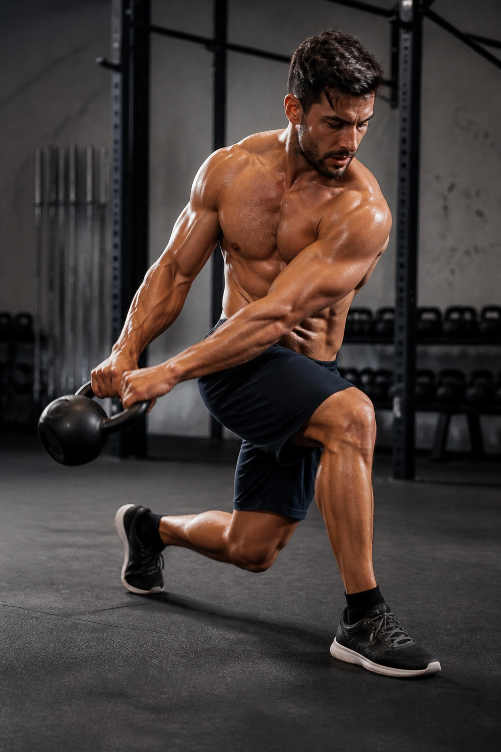 Medium shot of person performing kettlebell figure-eight with lunges in gym.