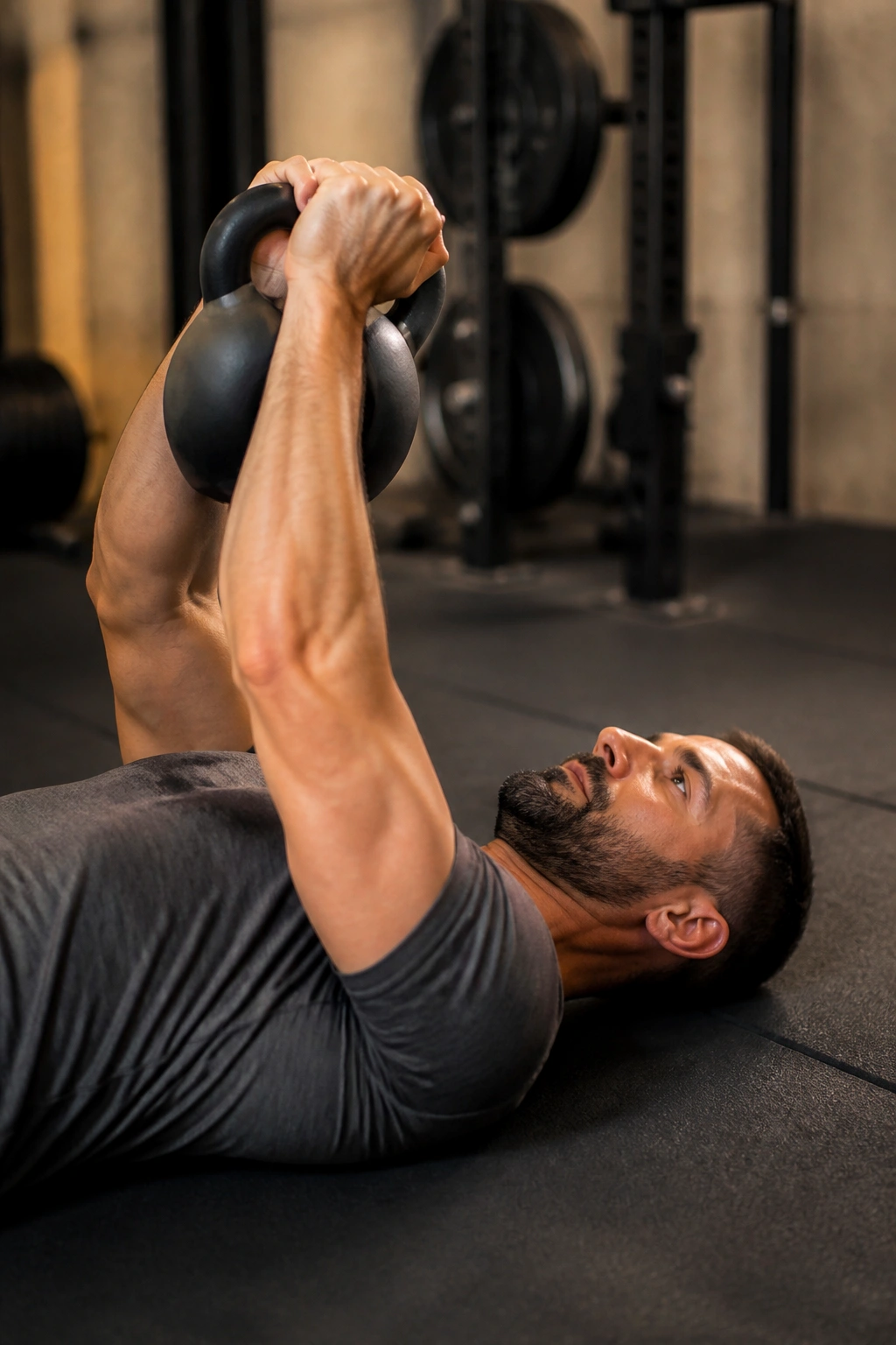 Person lying on floor performing a kettlebell floor press with both hands.