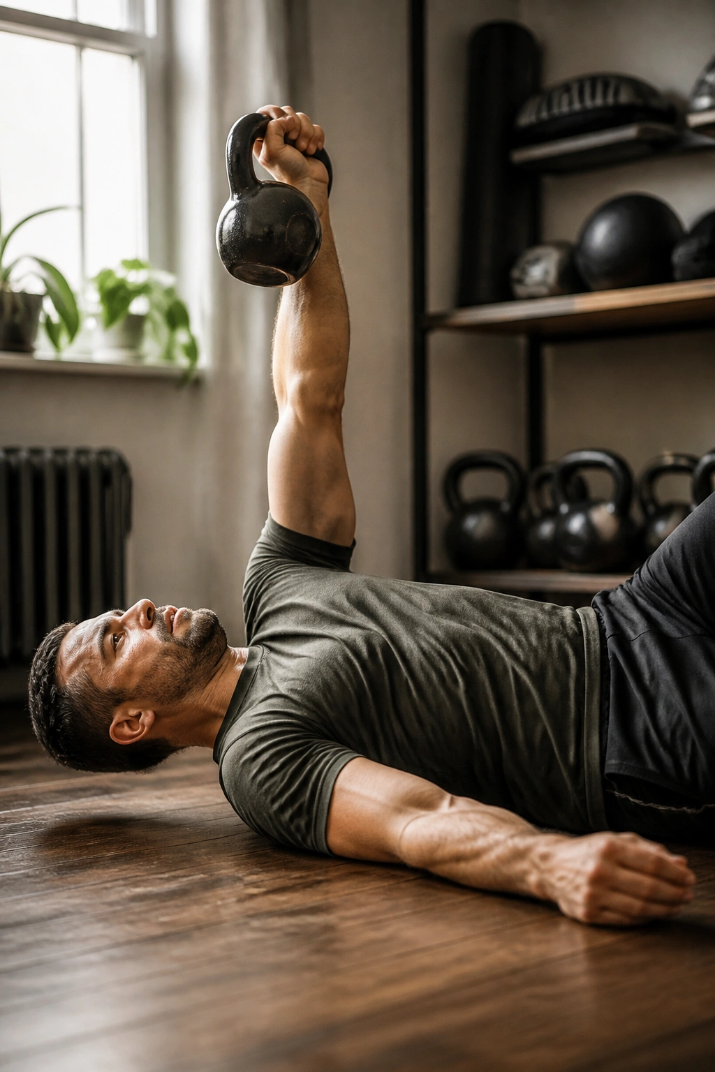 Close-up of a person performing a one-arm kettlebell floor press in a home gym