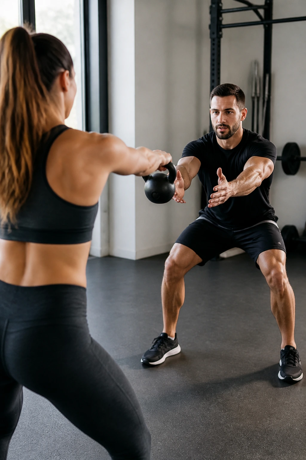 Two people performing kettlebell flow with smooth handoffs in a gym.