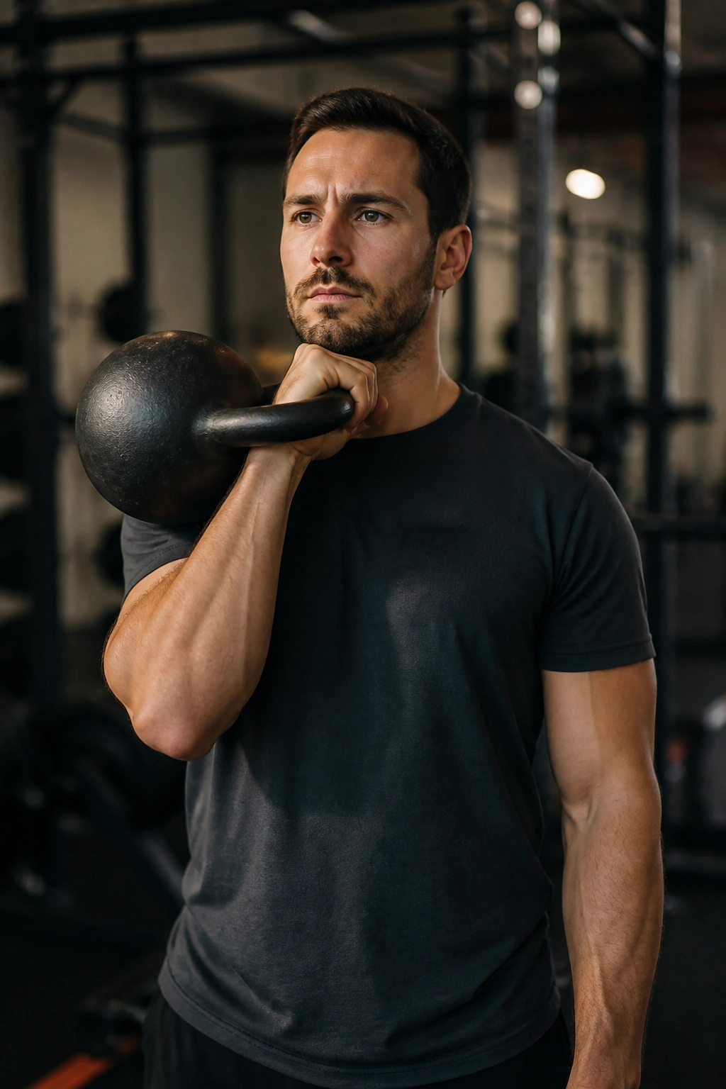 Front rack carry with kettlebell, real person in a gym