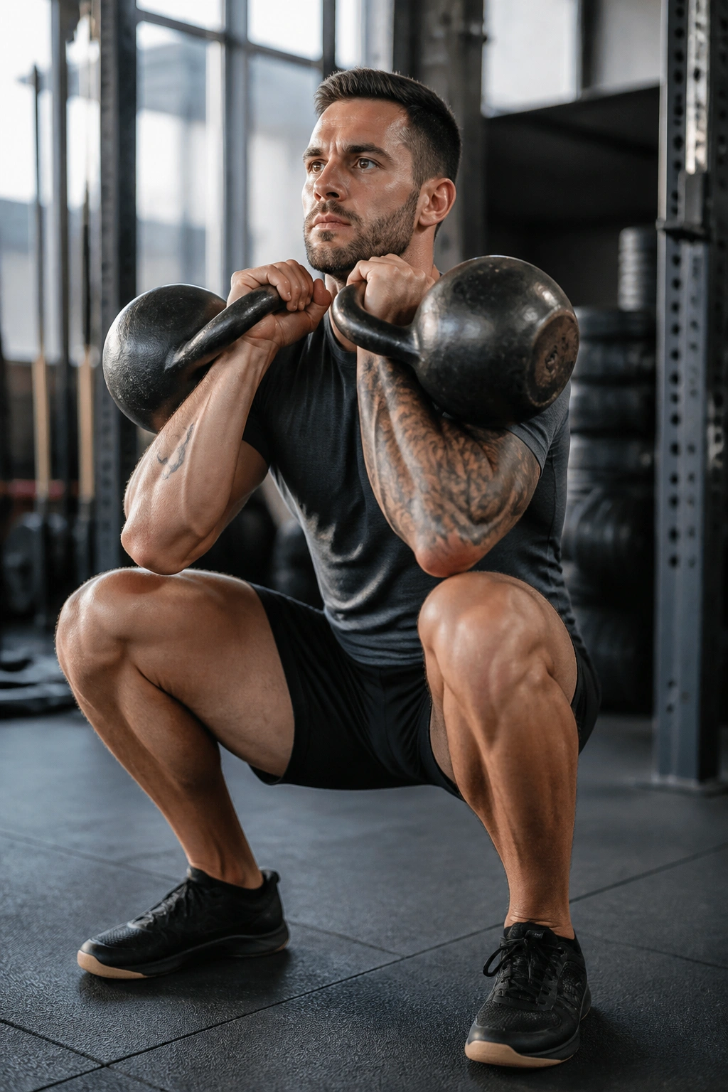 Close-up of person performing double kettlebell front squats in gym