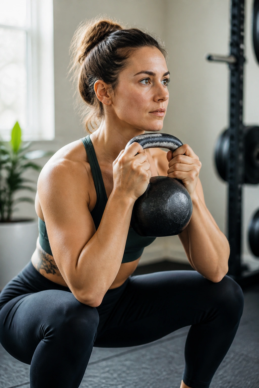 Real person performing goblet squat with kettlebell at chest height