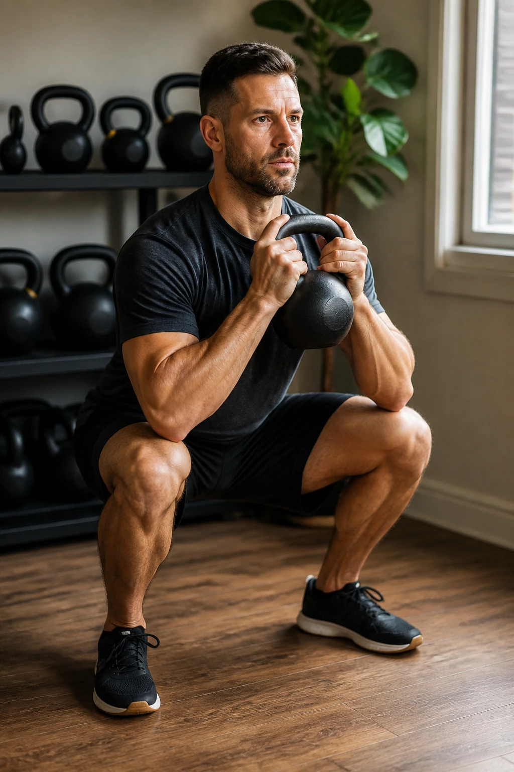 Person performing goblet squat with kettlebell in a cozy home gym, core engaged.