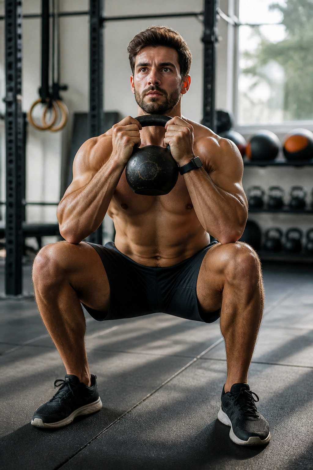 Athlete performing kettlebell goblet squat in a gym with blurred equipment in background