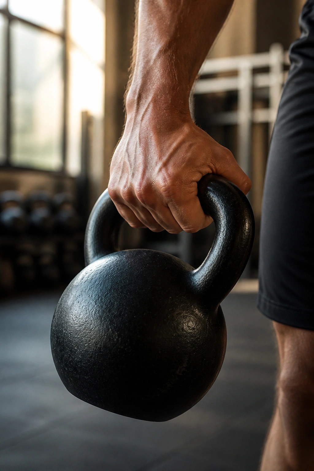 Close-up of a kettlebell gripped in a lifter's hand in a gym