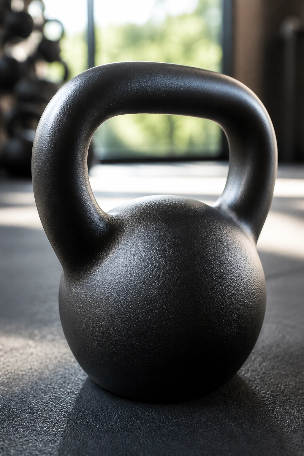 Close-up of a kettlebell handle with smooth grip on a gym floor