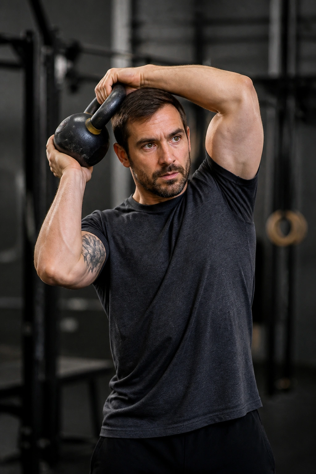 Person performing kettlebell halo around head with bell near skull.