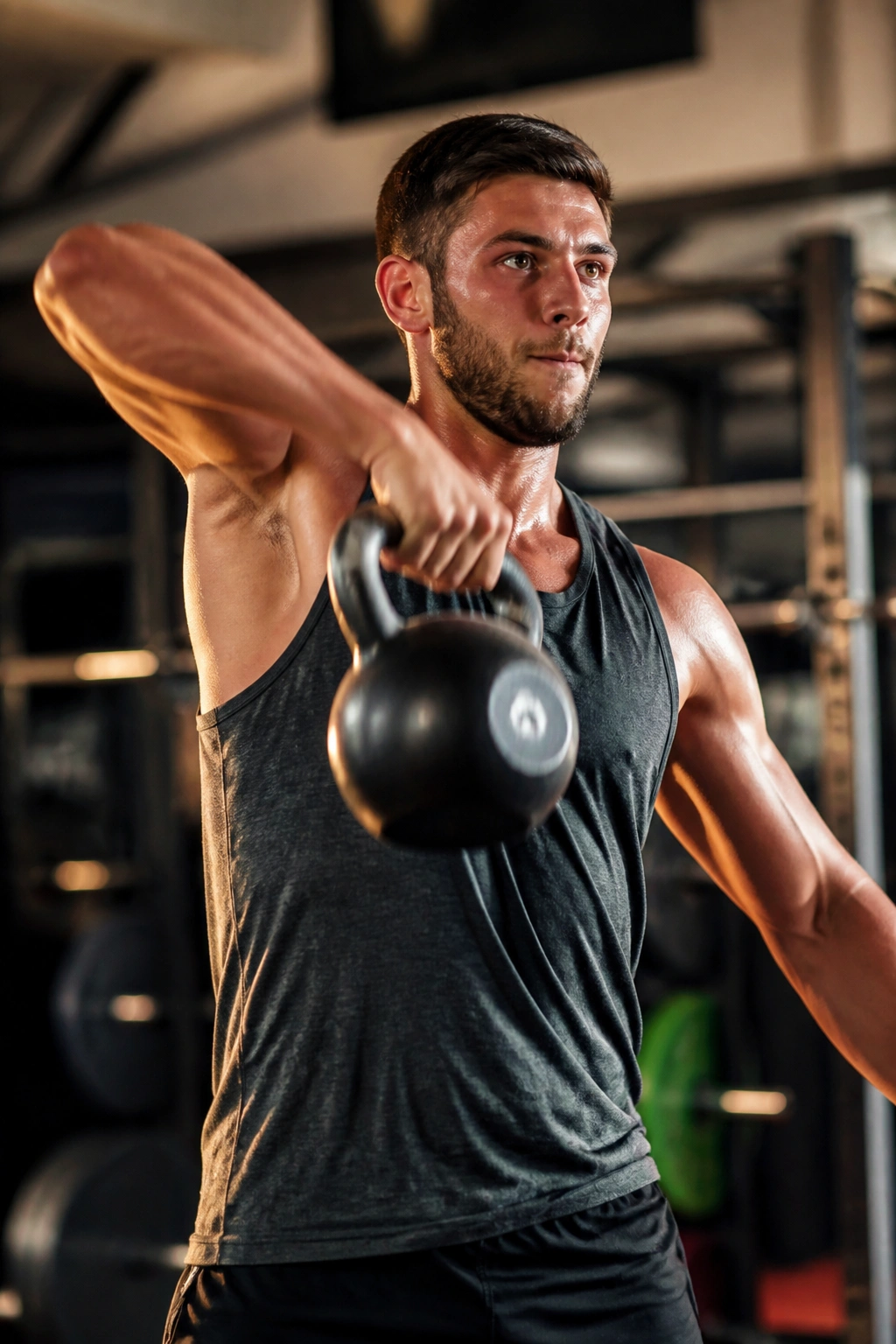 Close-up of athlete performing kettlebell high pull in gym