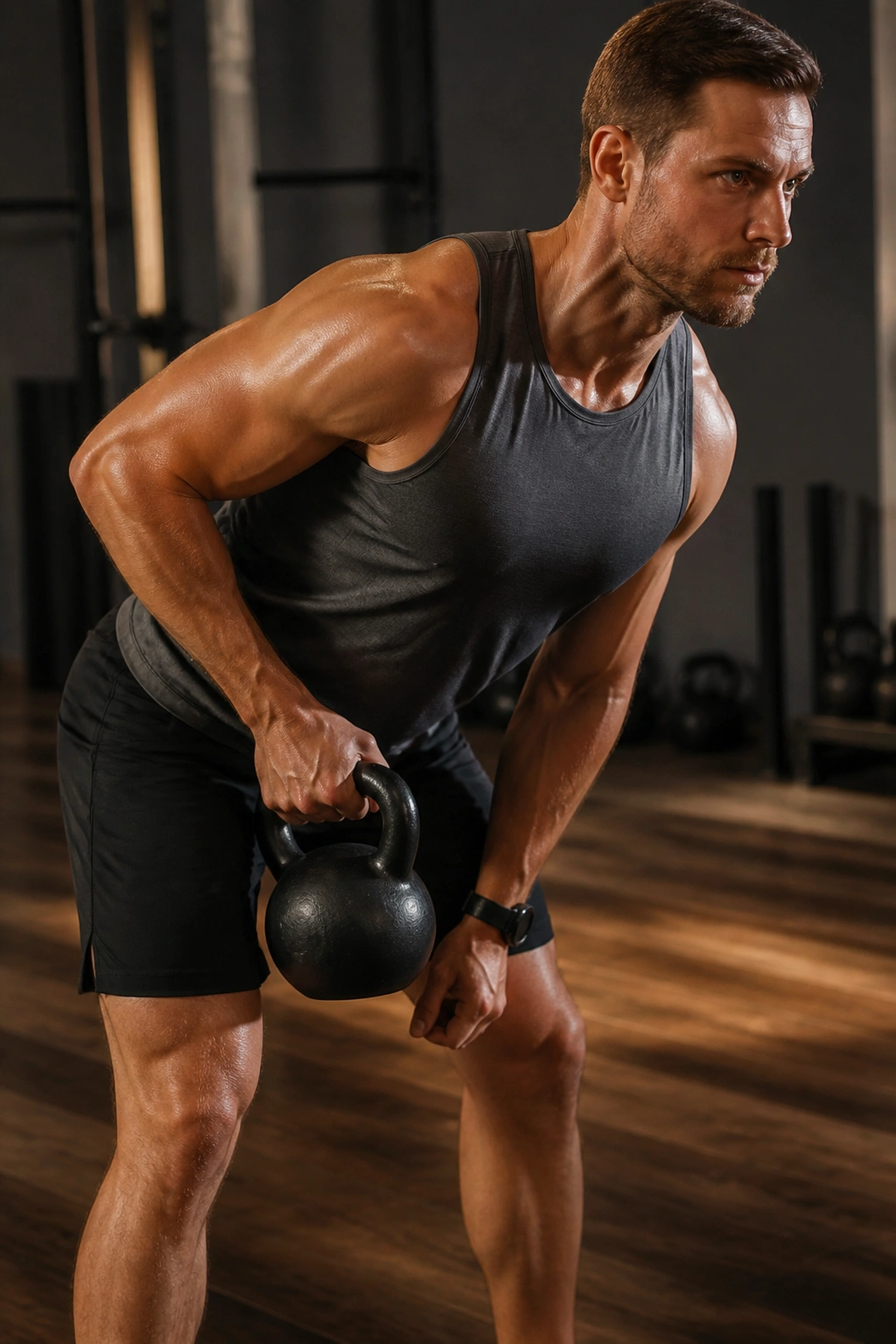 Person performing kettlebell hinge and clean carry in gym