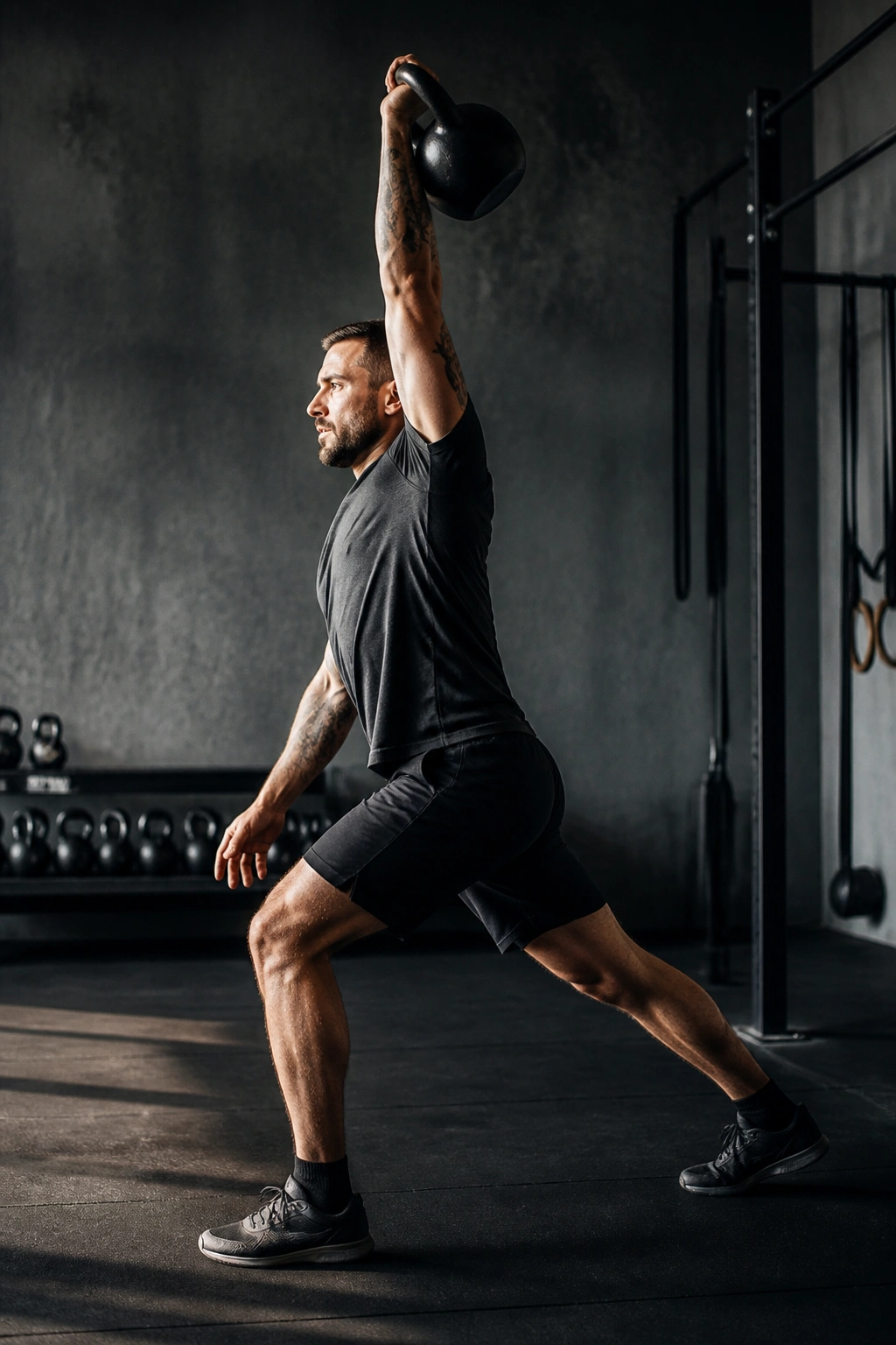 Side view of a lifter performing a kettlebell jerk.