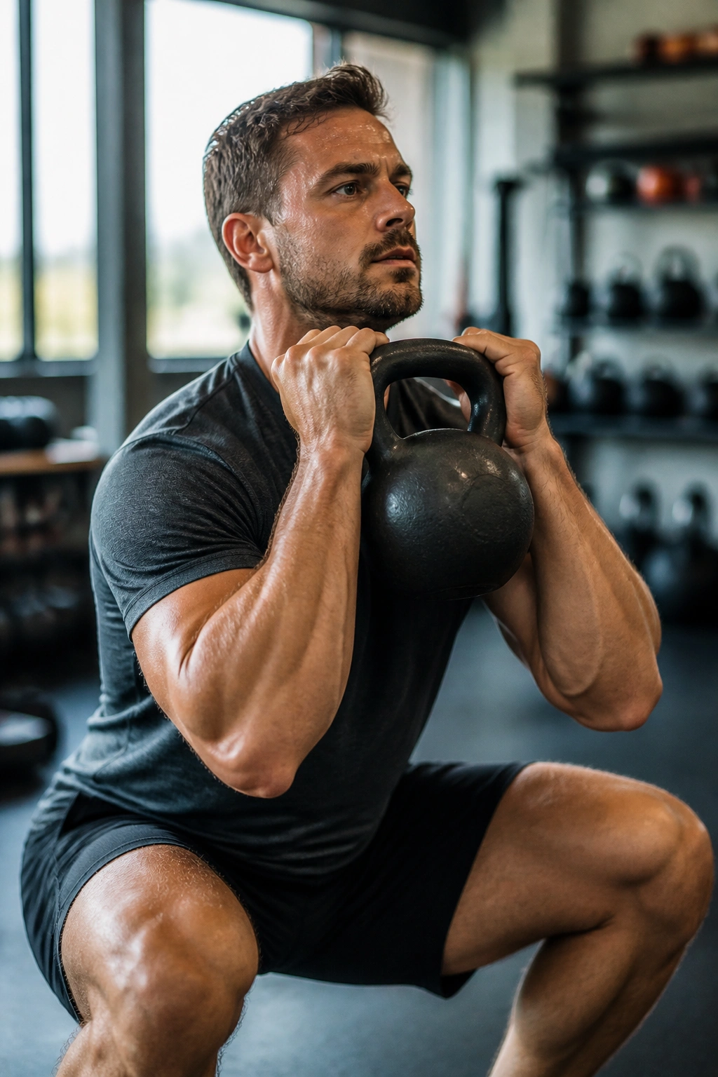 Medium shot of lifter performing kettlebell clean into front squat with one bell in a gym
