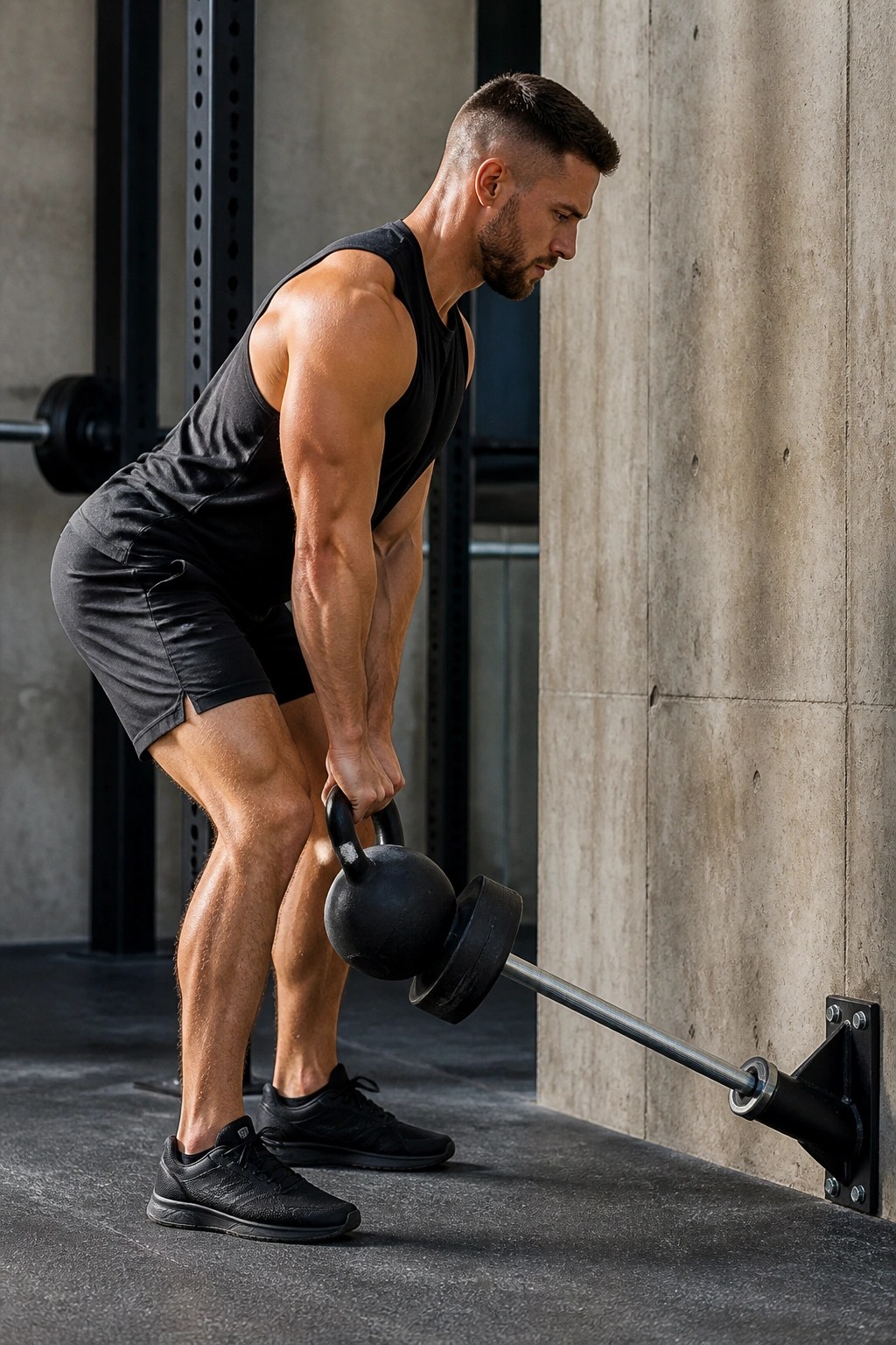 Close-up of athlete performing Kettlebell Landmine Deadlift with landmine setup