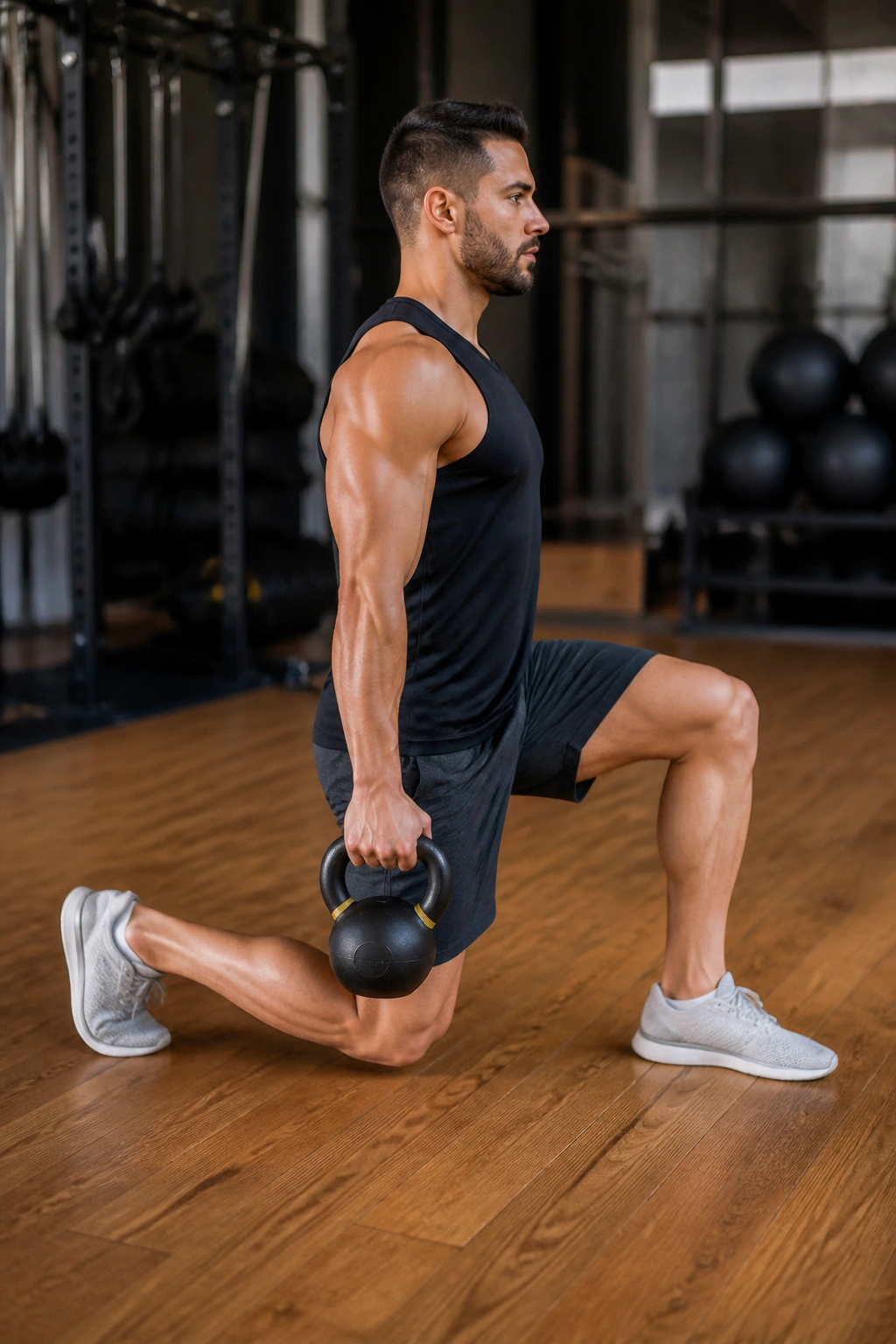 Profile view of a person doing a single-arm kettlebell lunge with kettlebell in right hand