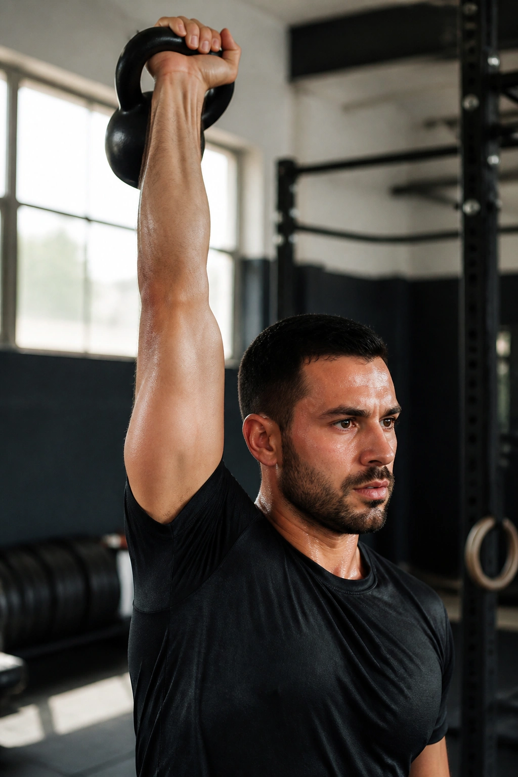 Overhead carry with kettlebell overhead, real person in gym