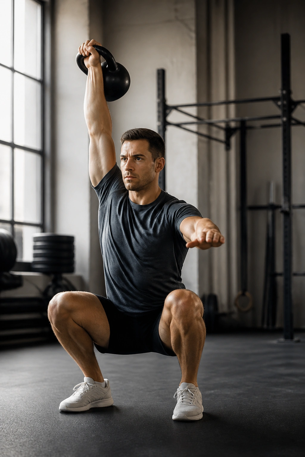 Close-up of kettlebell overhead squat with kettlebell overhead