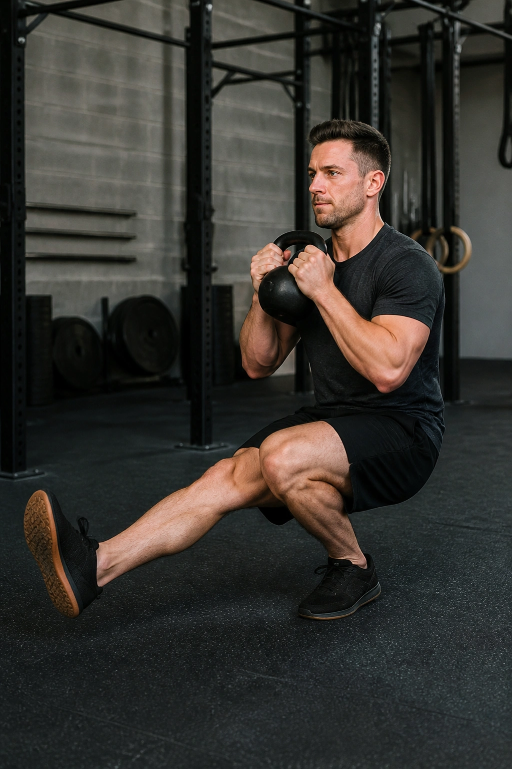 Person performing kettlebell pistol squat with goblet kettlebell in front.