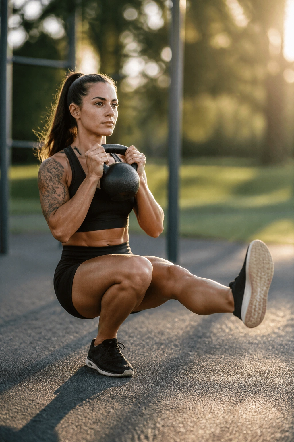 Medium close-up of a person in a pistol squat with a kettlebell at chest as counterweight in an outdoor training space.