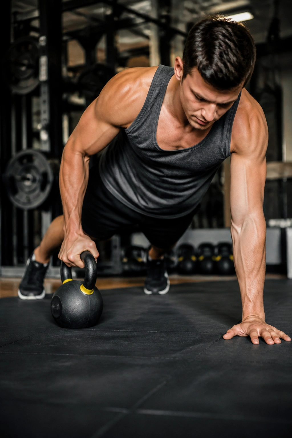 Kettlebell plank drag in gym, real person in plank