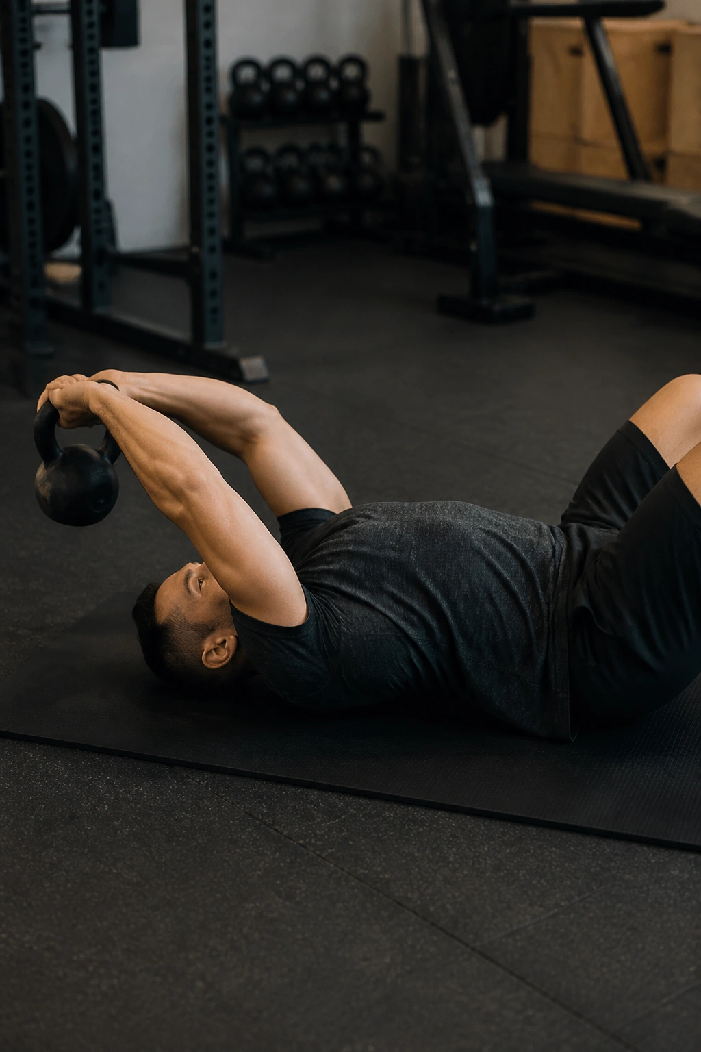 Person performing kettlebell pullover lying on back on mat.