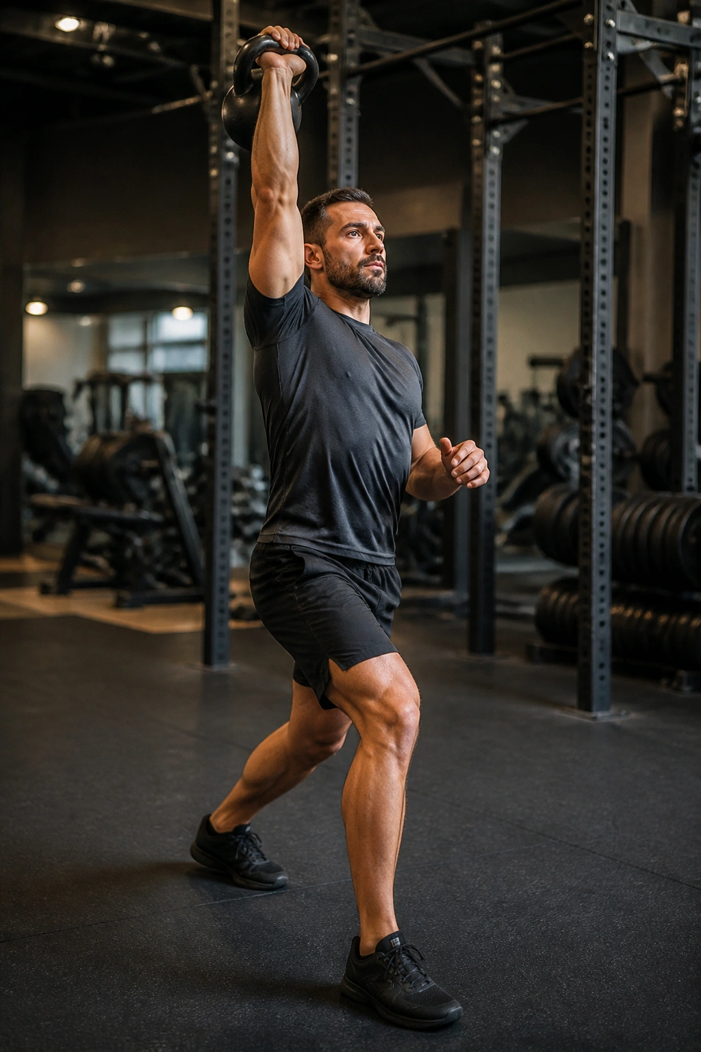 Lifter performing a kettlebell push press with leg drive in a gym.