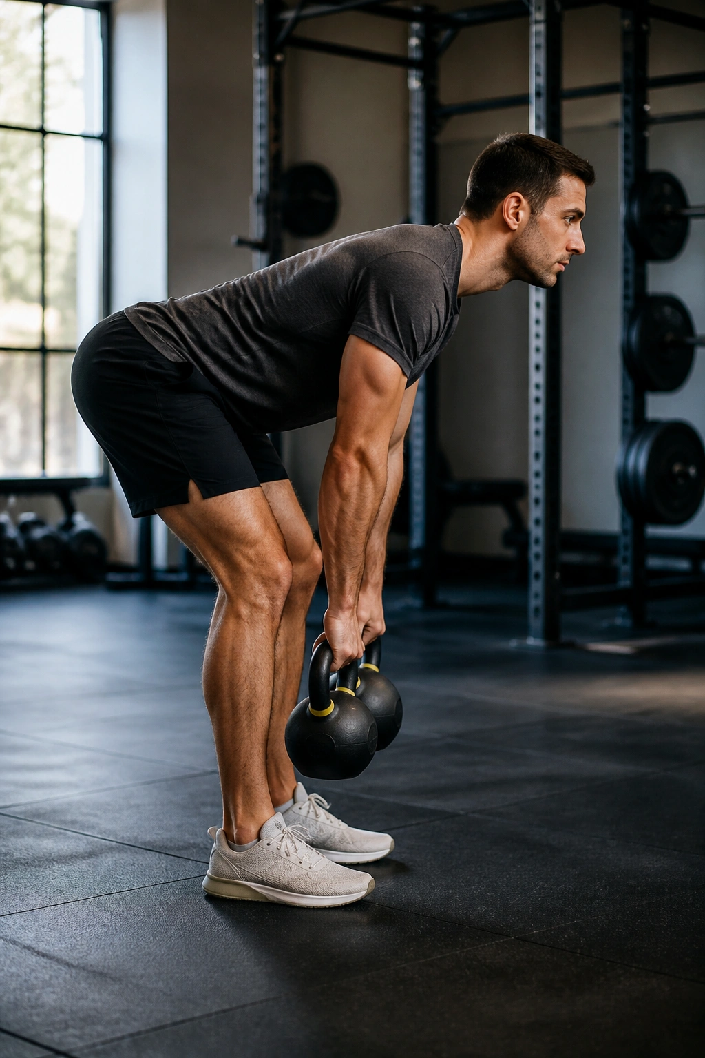 Side view of lifter performing kettlebell Romanian deadlift in gym