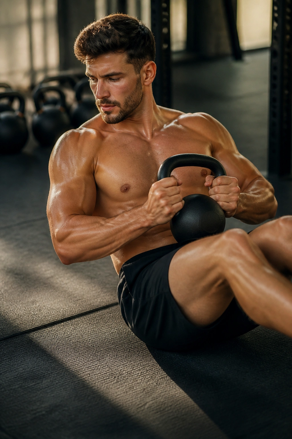 Core finisher with kettlebell sit-up and Russian twist in gym