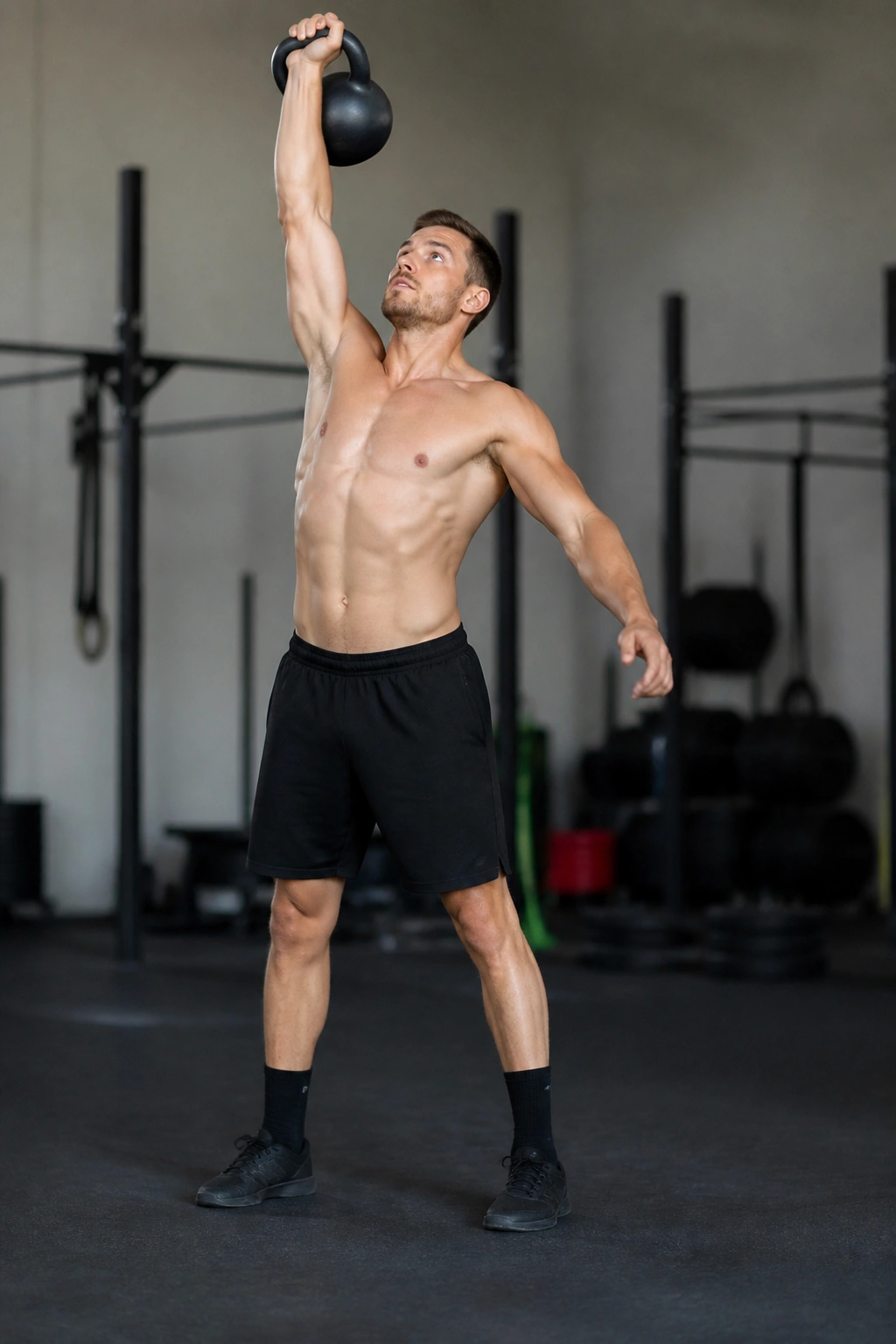 Person performing kettlebell snatch with bell close to body in vertical path.