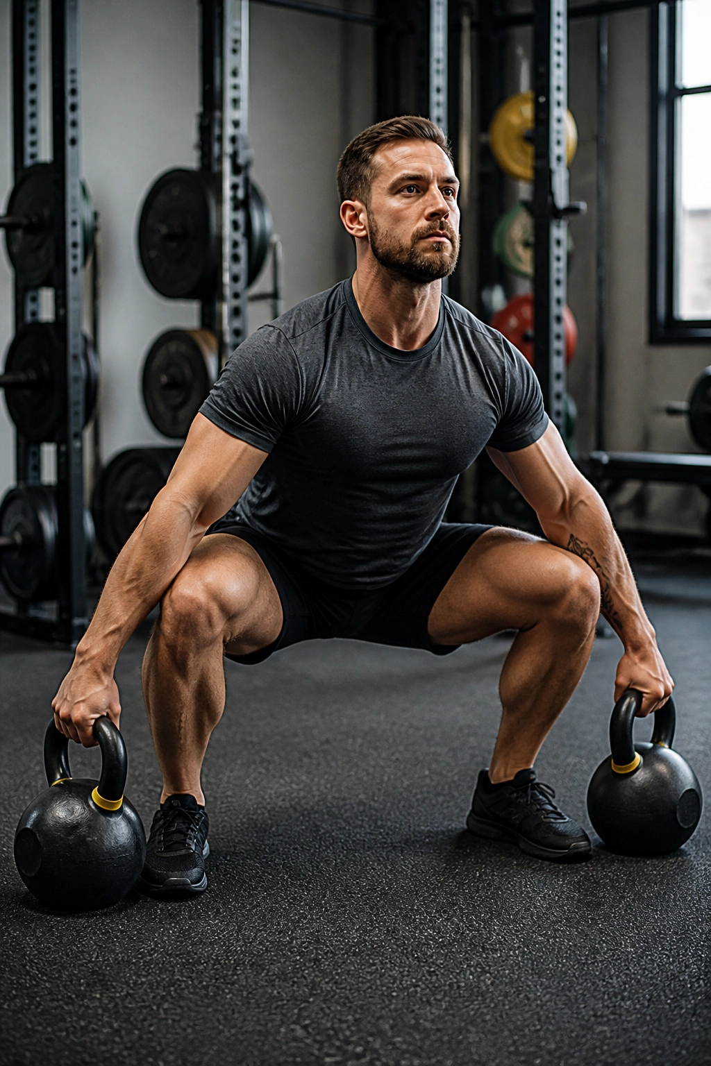 Close-up of athlete performing Kettlebell Snatch-Grip Deadlift with wide grip