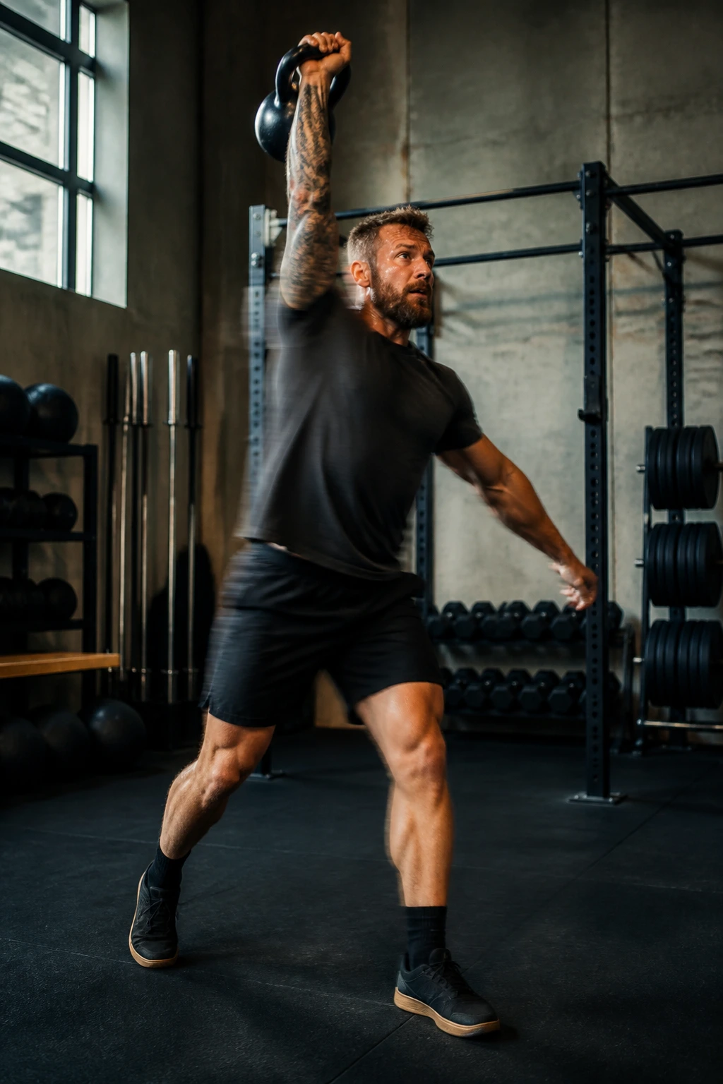 Dynamic mid-shot of a person snatching a kettlebell in a gym